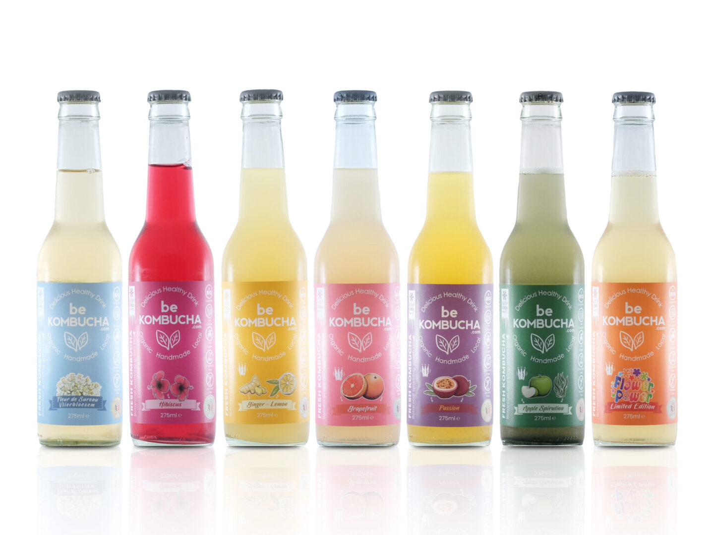 Gamme de boissons sodas locaux beKOMBUCHA, kombucha artisanal aux saveurs variées
